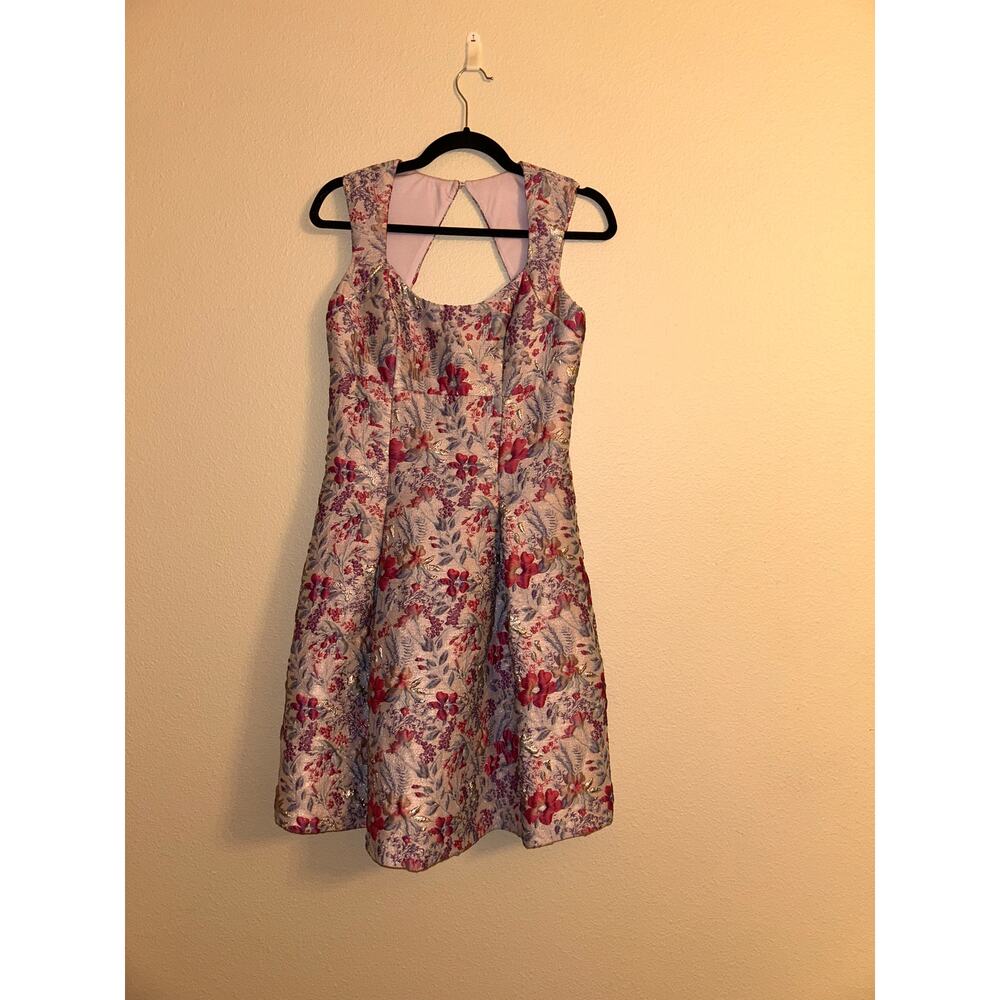 Aidan Mattox Floral Jacquard Dress 2 Pink Lilac Metallic Fit Flare Pockets Prom - Picture 5 of 13